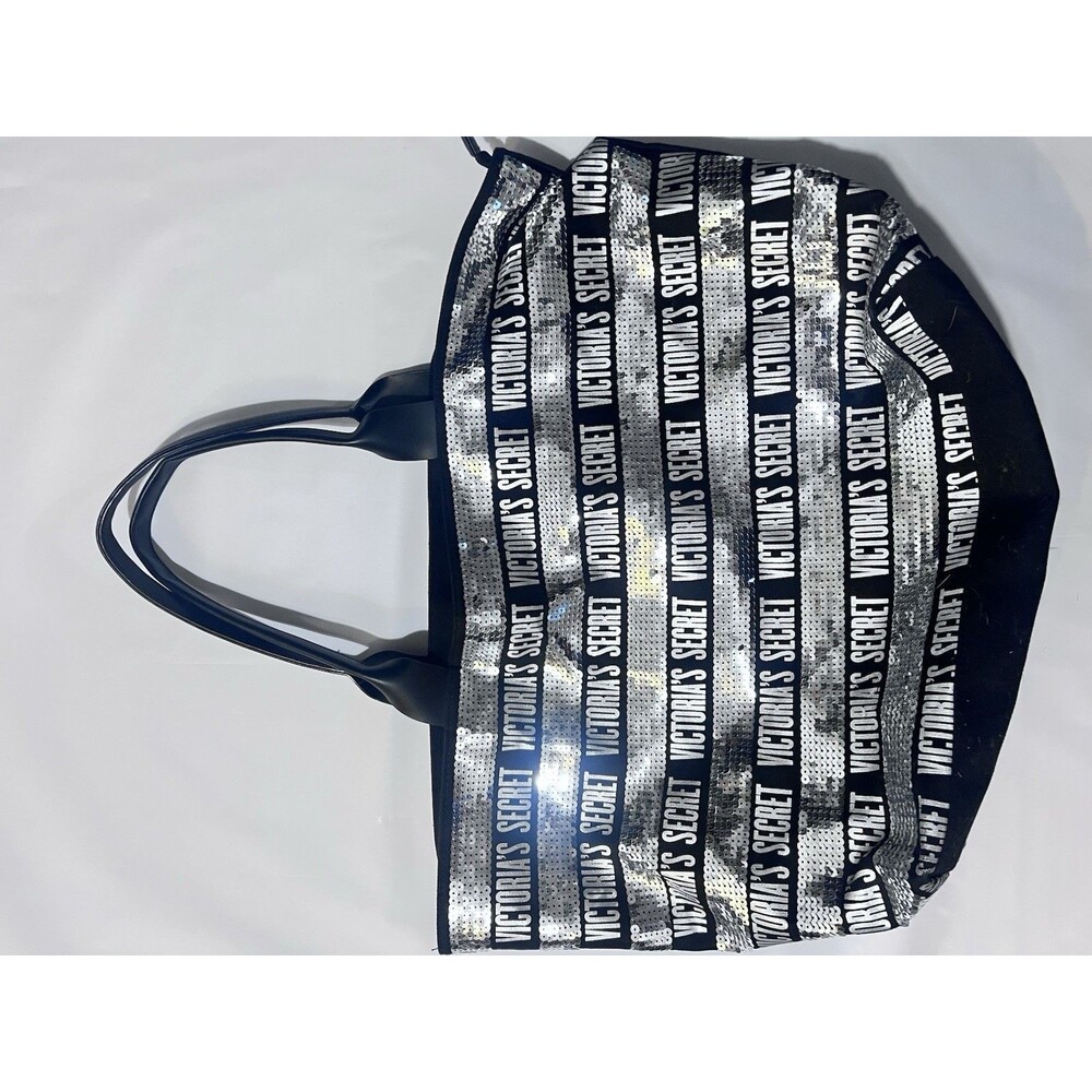 Victoria's Secret Black Silver Sequin Logo Metallic Tote Bag - Picture 2 of 3